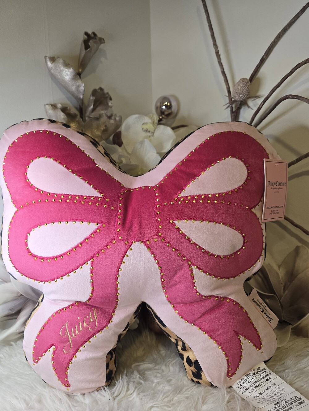 Juicy Couture Hot pink bow leopard pillow New